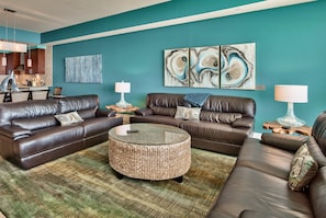Living room, Sonos wi-fi speakers, original artwork, coastal modern decor