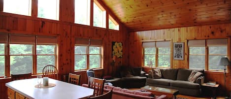 Combined living room/kitchen with cathedral ceilings.