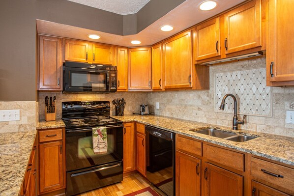 Kitchen fully stocked to make family meals for 6.