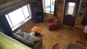 Looking into the living room from the loft