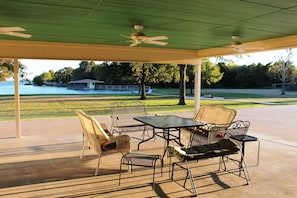 Large patio with lake view.