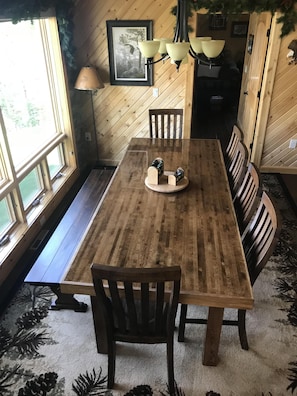 8 Ft  Dining Table Seats 10. Includes 6 chairs and 6 ft bench
