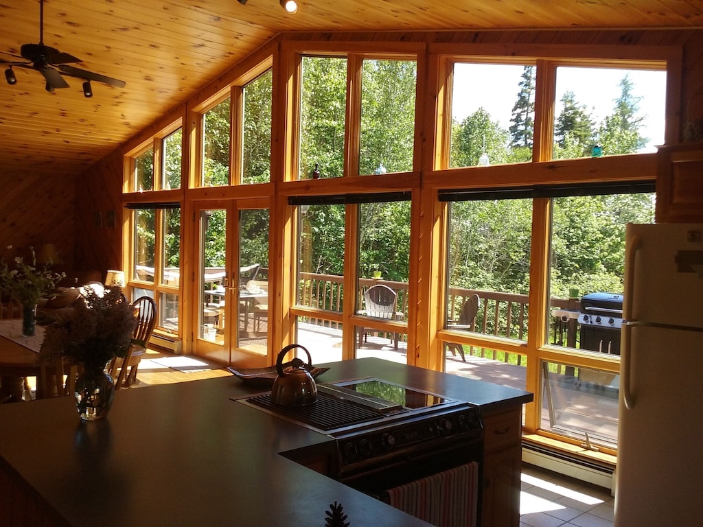 Floor to ceiling windows in a log cabin vacation rental in Acadia National Park offer expansive views of the outdoors