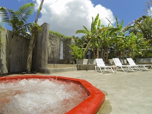 Relax - Very Hot, Gas Hot Tub. 3 Head Rain Shower in Cement under Palms Outdoors