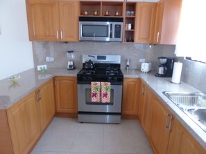 Fully equipped kitchen with microwave, dishwasher, refrigerator, and double sink