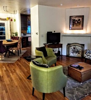 Living room looking into dining area.