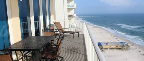 View looking East from the balcony with Sea and Suds Restaurant in background.