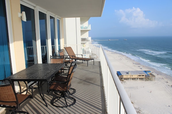 View looking East from the balcony with Sea and Suds Restaurant in background.