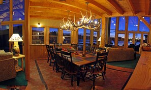 Dining Area with twin Elk Chandeliers looking out to Lake Hatcher