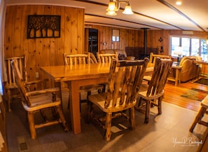 Dining room with custom live edge table.