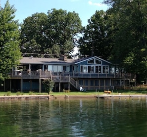 view of house from Lake.  Upper deck on left is same area as the sunset picture,