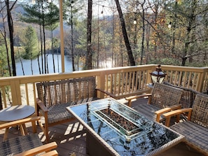 Views of beautiful Lake Disharoon from the expansive deck with Propane firepit
