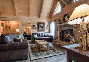 Branson Cabin Rental -  Upper Living Room With Wood Burning Fireplace!
