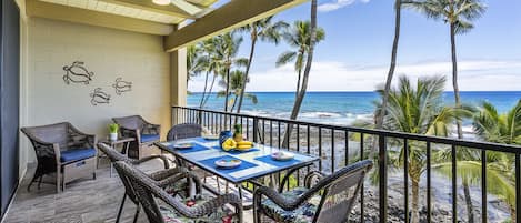 From the lanai - beach, sun, palms, tide pools and surfers - paradise found!