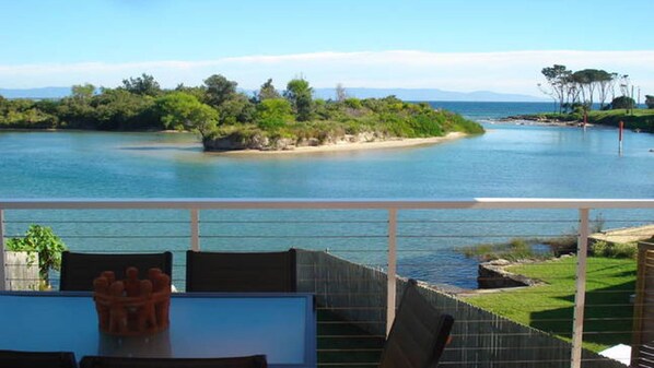 view from the uptsairs deck, the estuary flowing to the ocean