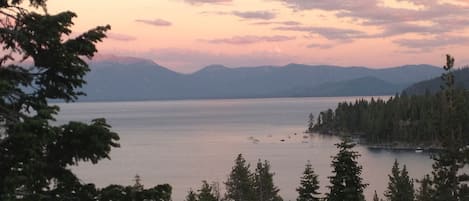 The spectacular view from our cabin. Sunset time on Tahoe's magical west shore.