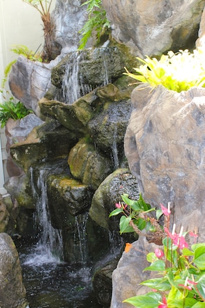 An outdoor waterfall welcomes you at the entrance of the home