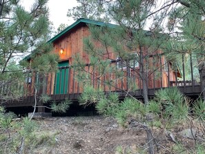 Sitting on the side of a hill, the cabin is close to town, yet feels secluded 
