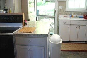 A fullsize glasstop stove, microwave, vintage sink, side-by-side regfrigerator.