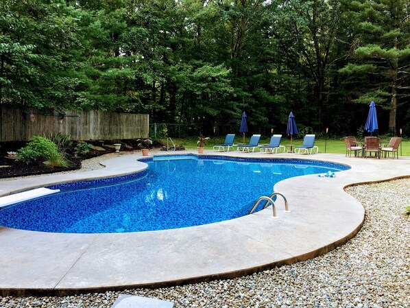 Come relax outside near the custom saltwater pool and fenced in backyard!