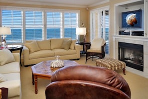 Our beautiful living room has Bose sound, DVD player and gas fireplace.
