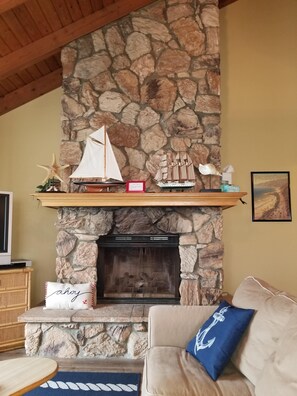 Large rock gas fireplace