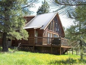 Front view of Home in the summer-the large windows look out at Wheeler Peak!