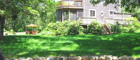 Large yard, private, wrap deck, screened dining porch, upper deck