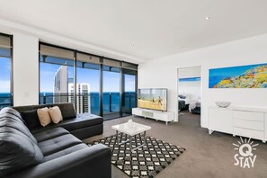 Modern furnishings and amazing ocean views in our living room