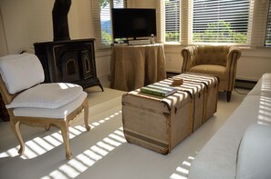 Farmhouse wood burning stove and large screen TV.  Photo by Carol Troy.