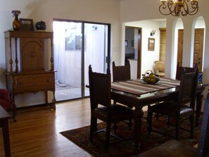 Dining area with view of open air atrium