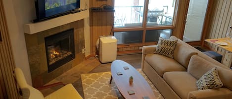 Living room features large flat screen TV and gas fireplace 