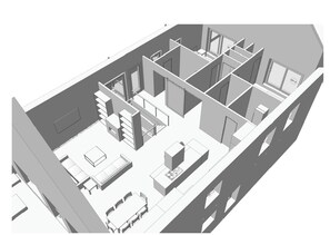 Main level layout.  Two bedrooms at back (street side) in picture. 