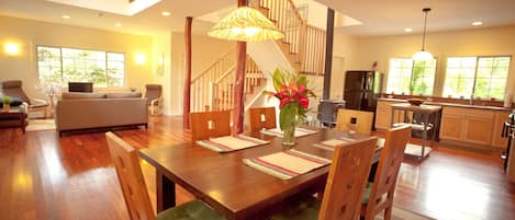 This table seats eight (extra chairs and a portable high chair in laundry room)