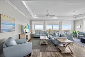 The third floor great room offer multiple seating areas and spectacular views!