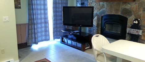 Living Room with Real Wood Burning Fireplace