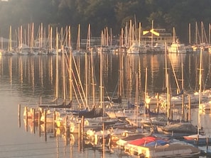 Sunrise view of marinas located directly in front of the cottage