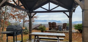 gazebo, charcoal grill, firepit just steps from cabin! what a view!