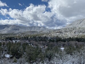 A dusting of snow! Our view from the wrap around deck.