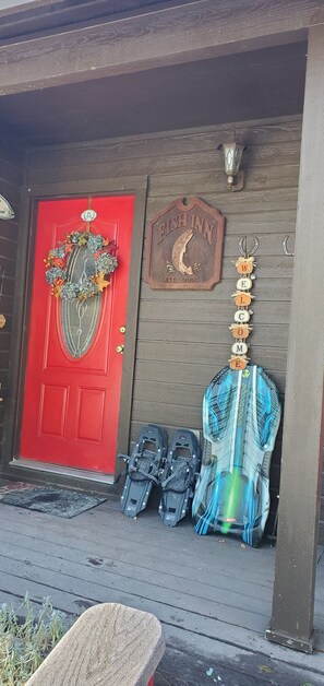 Front door in late fall, ready for snow sports