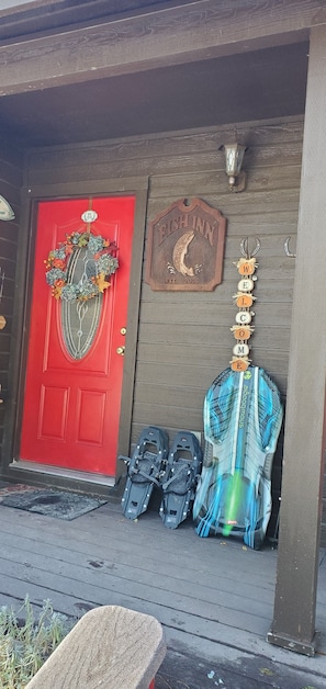 Front door in late fall, ready for snow sports