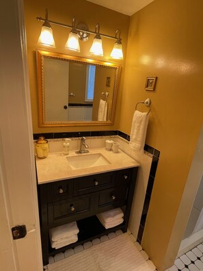 Well lit sink with plenty of storage and towels.
