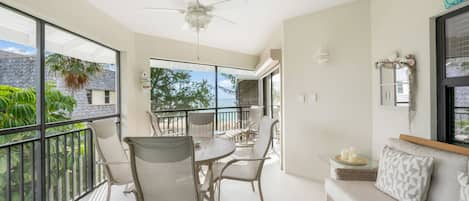 Porch with a view for lounging and daily dining. 