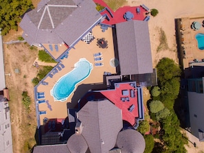 Overhead view of court yard with your 3 buildings around swimming pools.