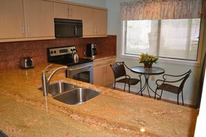 New granite tops, fixtures and cabinets.