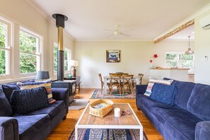 Lounge with wood burning pot belly stove
