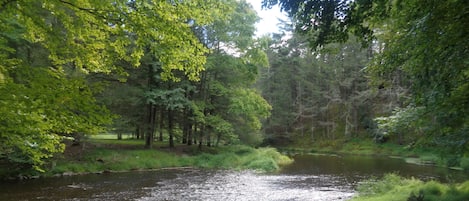 patio with fire pit to relax by the creek or kayak downstream