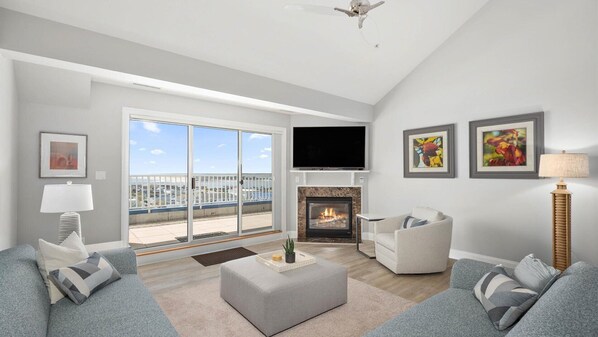 Very modern living room with stunning Ocean, Inlet, and Bay views! Renovated in 2024
