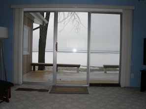 Winter view of Houghton Lake from cottage couch