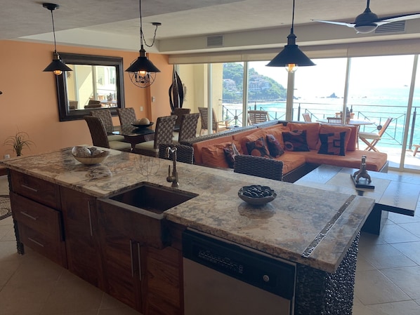 Newly remodeled kitchen island with beautiful authentic stonework, 